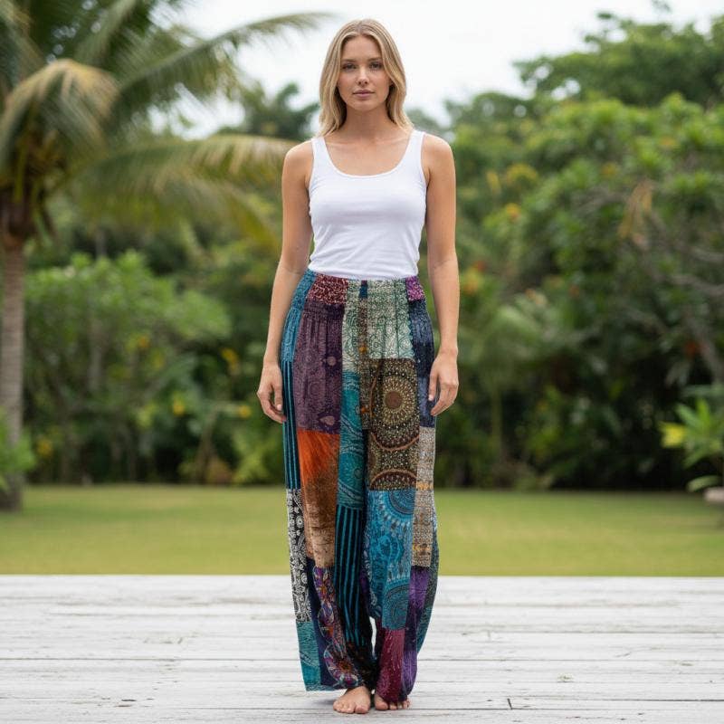ASSORTED WIDE LEG COTTON PATCHWORK PANTS FREE SIZE