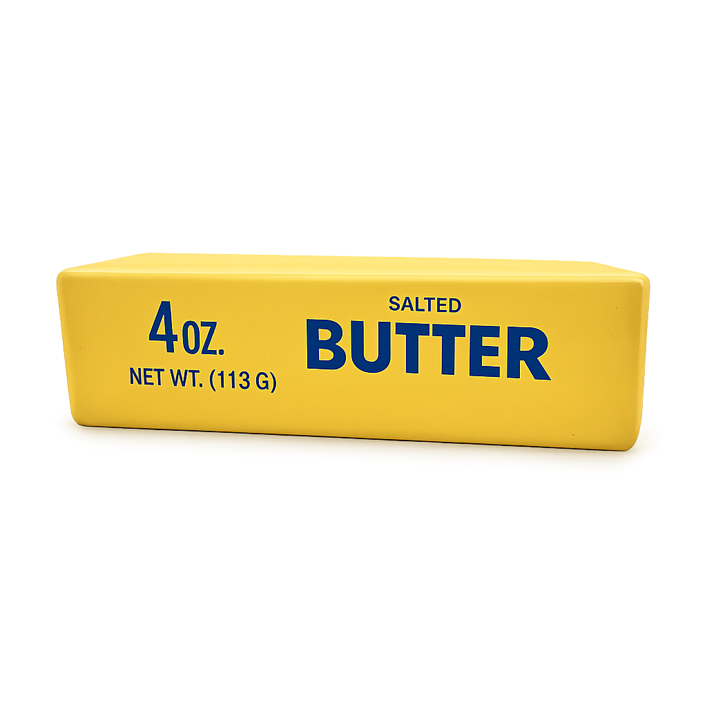 Yellow block of salted butter with blue text on a white background
