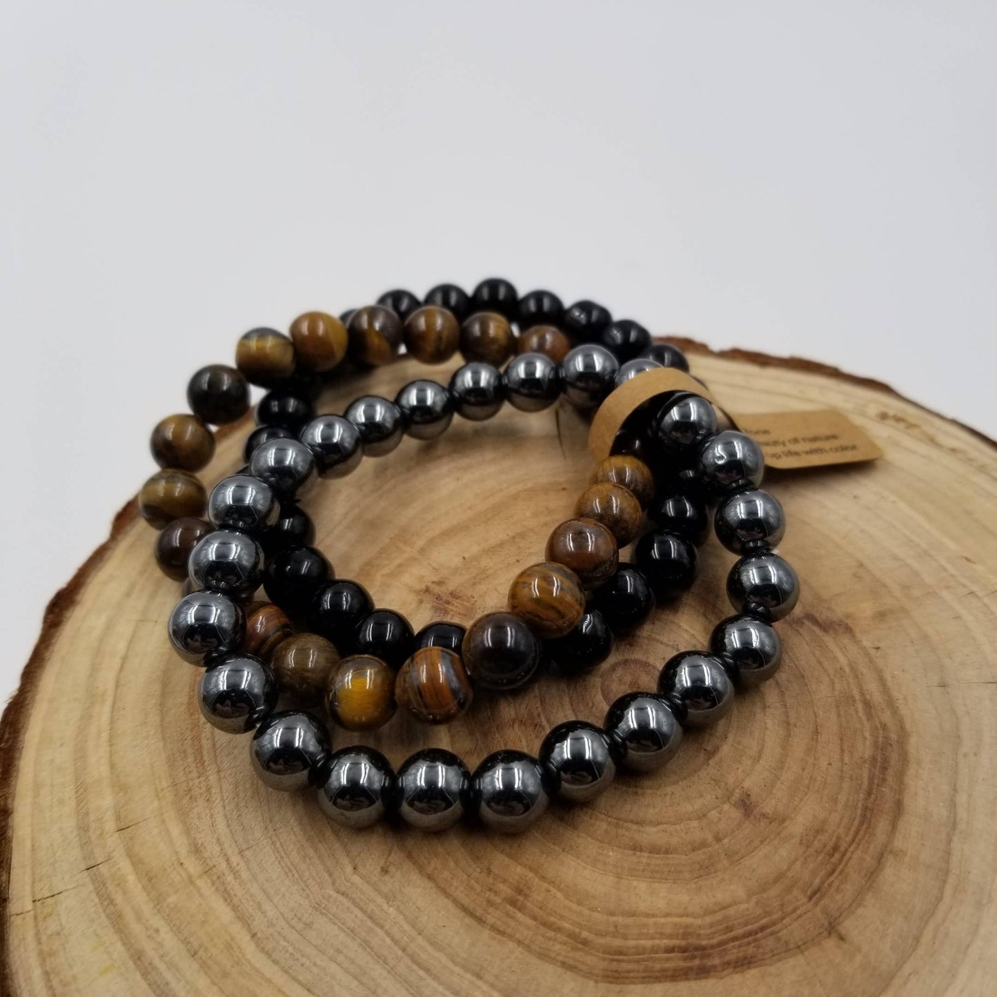 Obsidian & Tiger Eye Stone Beads Set Of 3 With Label