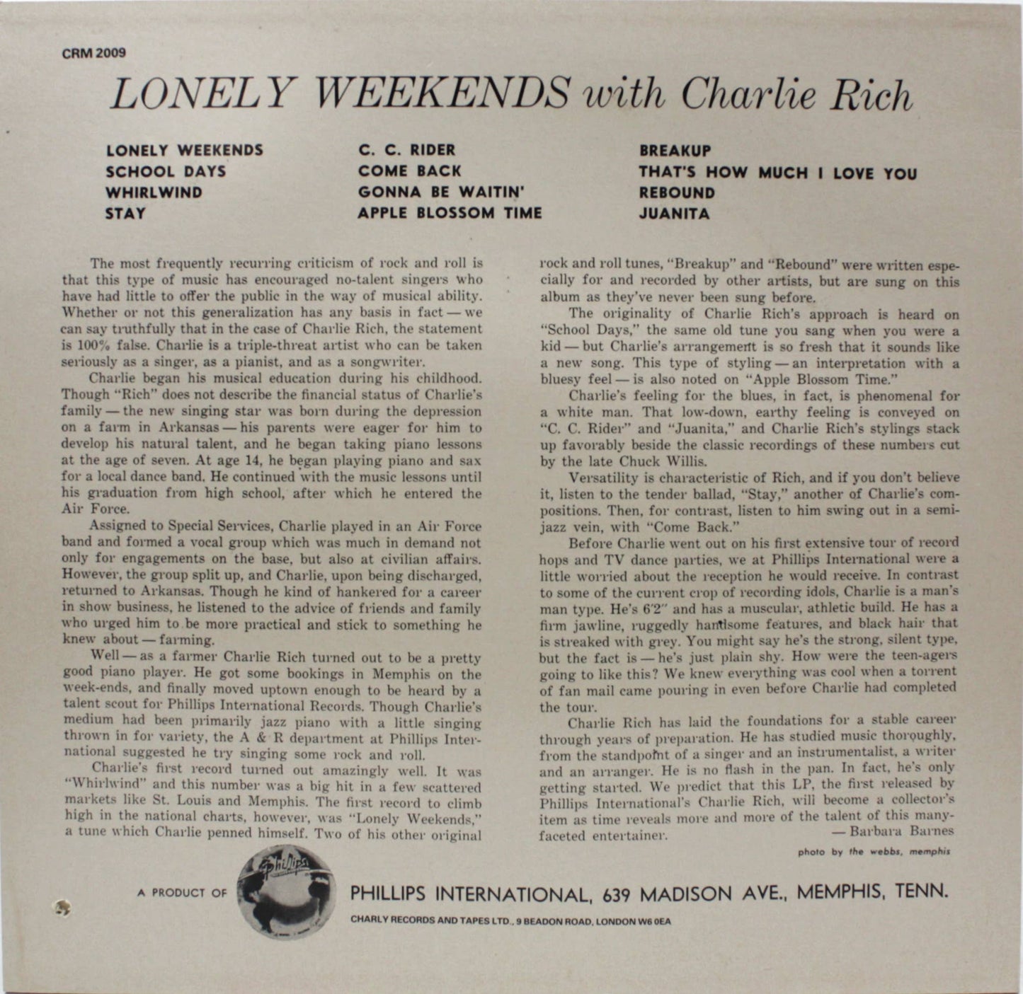 12" Vinyl LP Record - Charlie Rich - Lonely Weekends Country