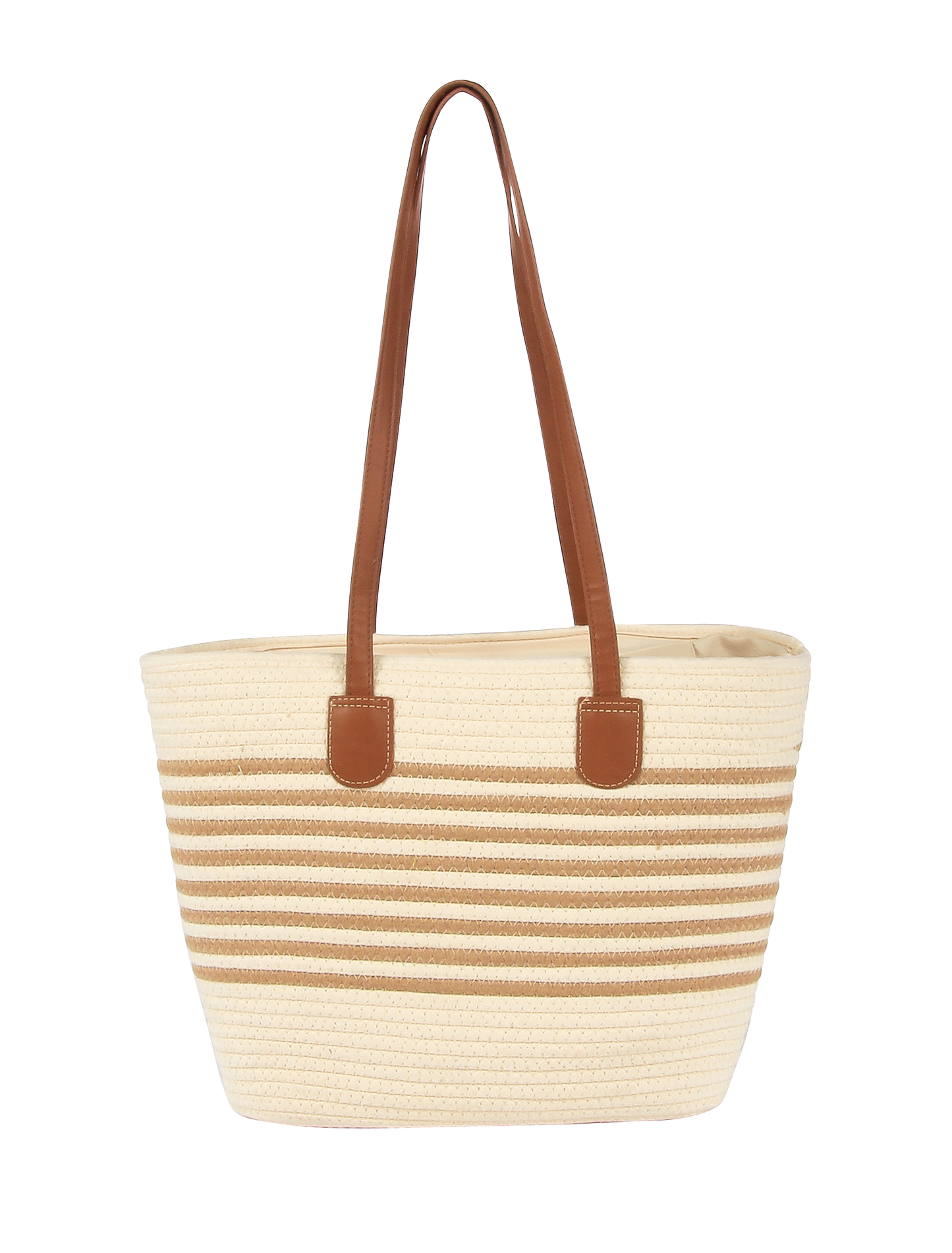 Beige and brown striped tote bag with leather handles on a white background