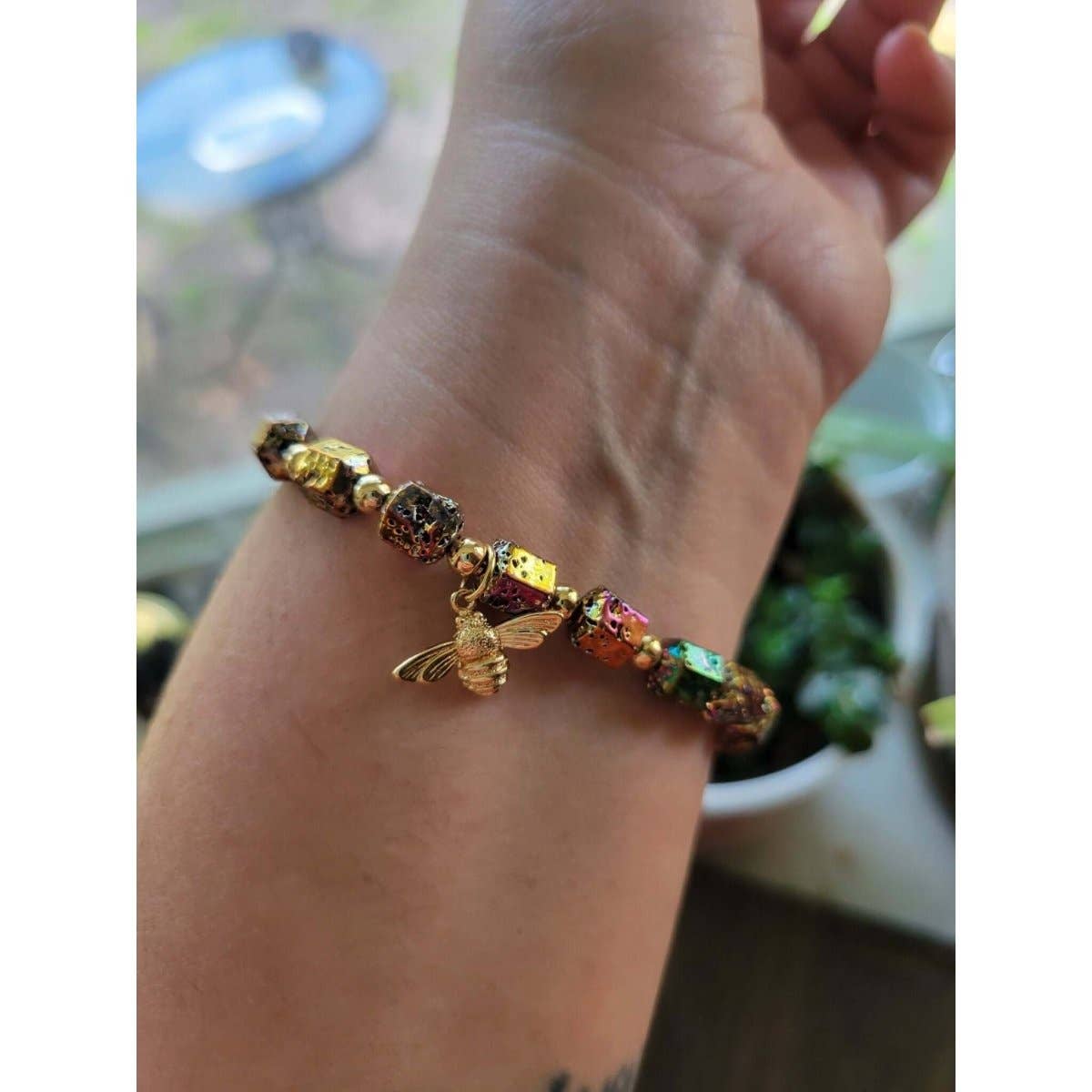 Natural Lava Rock Hexagon Beads Stretch Bracelets, Bee Shape