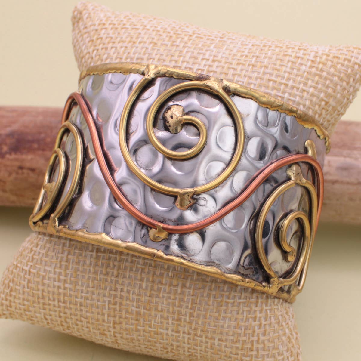 Wire Spirals Silver Hammered Cuff Bracelet