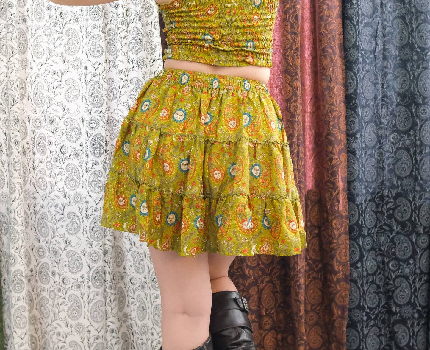 Boho Celestial Paisley Mini Skirt with Pockets