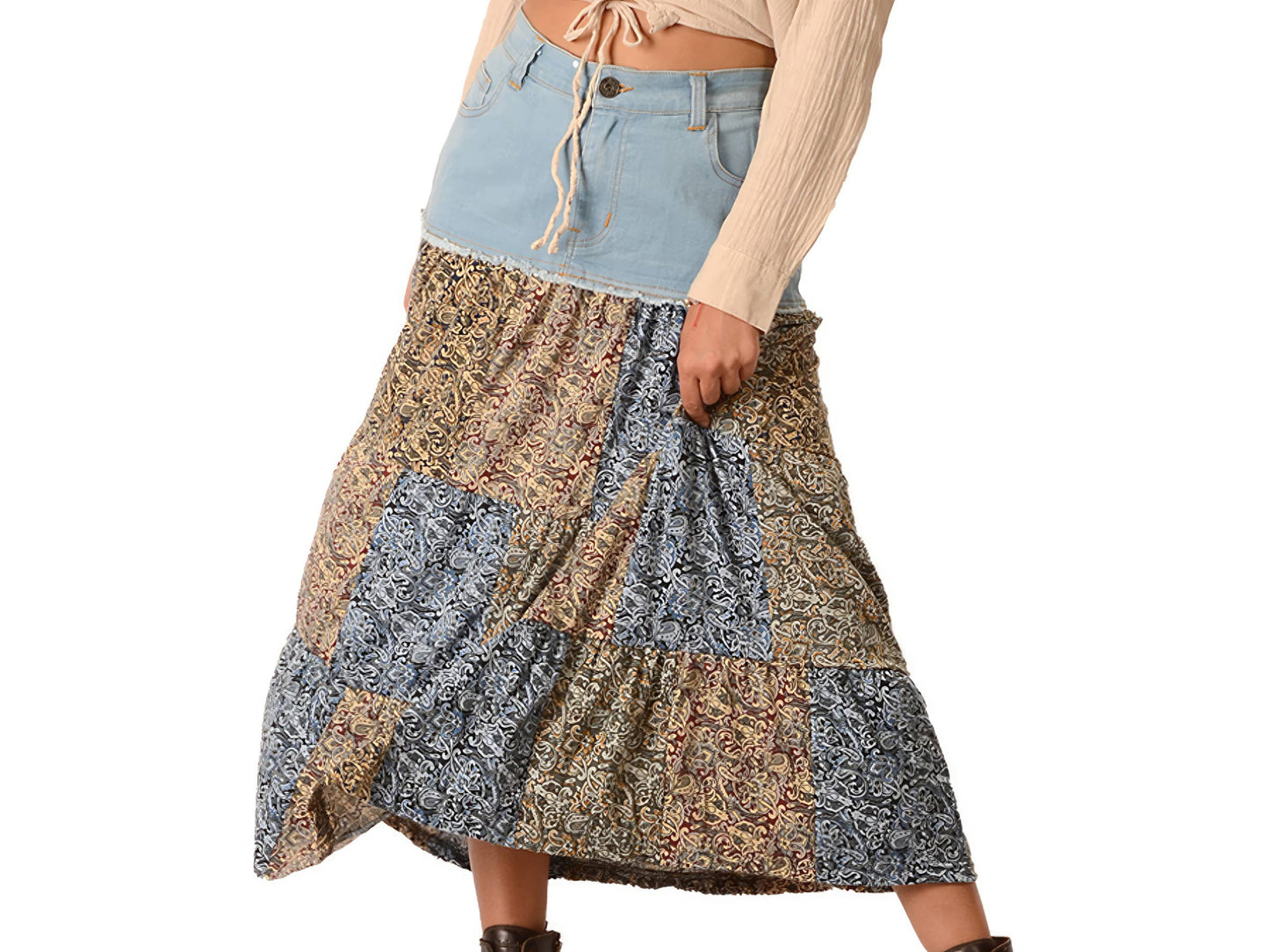 Denim Skirt With Printed Patchwork Skirt