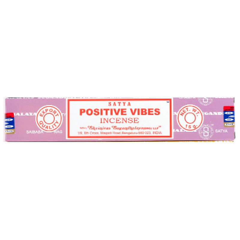 Box of Satya Positive Vibes incense on a white background