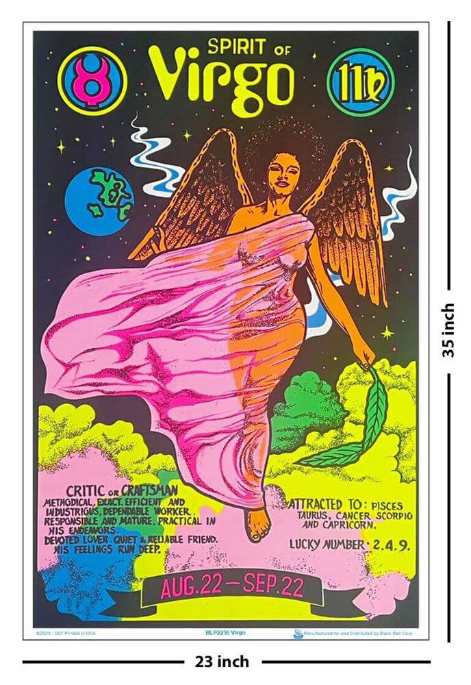 Decorative poster of a woman with wings titled 'Spirit of Virgo' with astrological details.