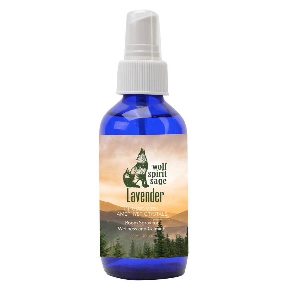 Blue spray bottle with a label featuring nature imagery and text on a white background