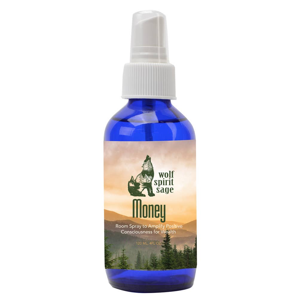 Blue spray bottle labeled 'Wolf Spirit Sage Money' on a white background