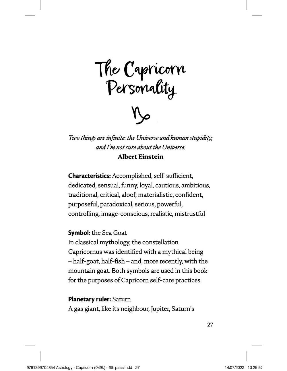 Page from a book or document about the Capricorn personality with text and a quote by Albert Einstein.