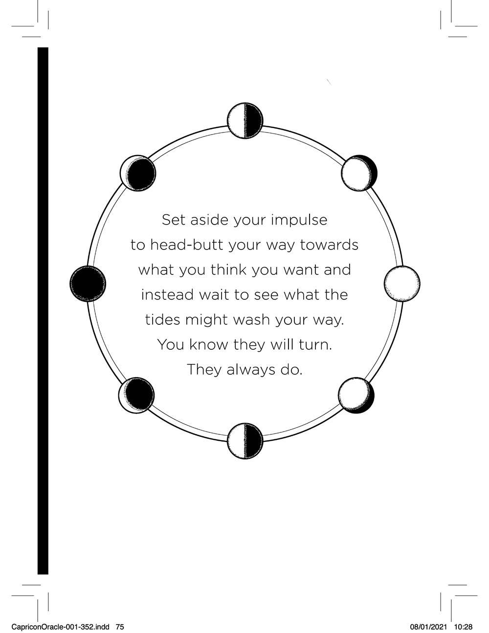 Circular diagram with moon phases and inspirational quote on a white background