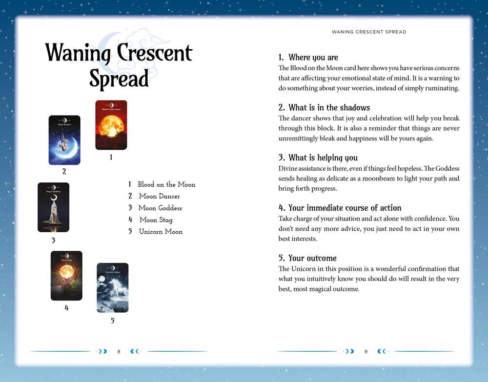 Waning Crescent Spread tarot card layout with descriptions on a blue background