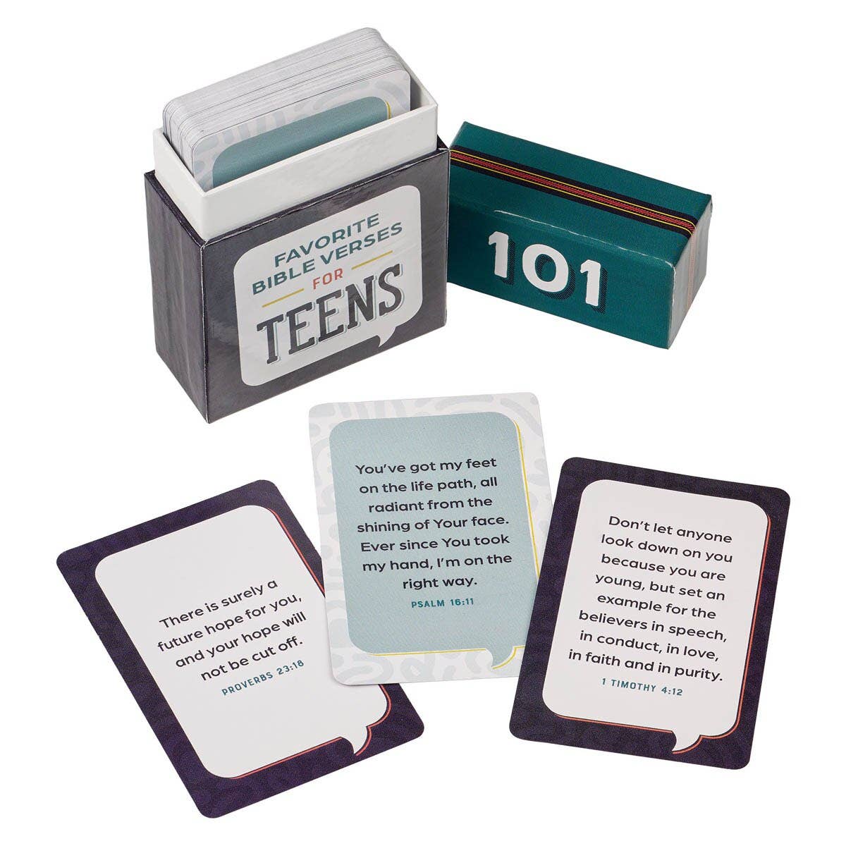 Card set with Favorite Bible Verses for Teens, featuring verses and a box labeled '101'.