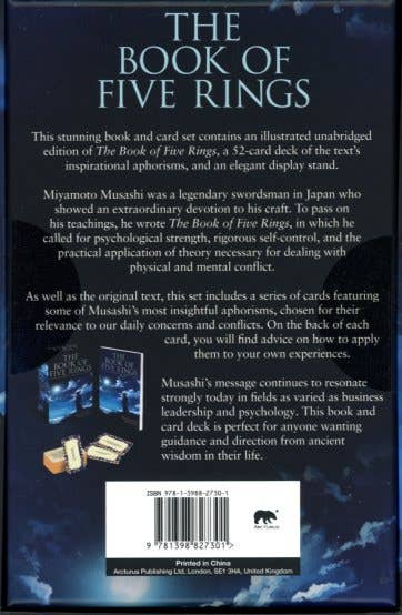 Back cover of 'The Book of Five Rings' with text and product images.