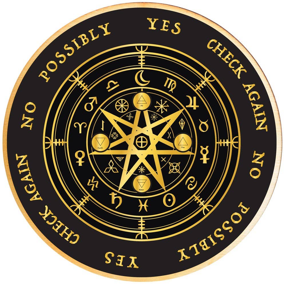 Black circular design with gold symbols and text on a white background