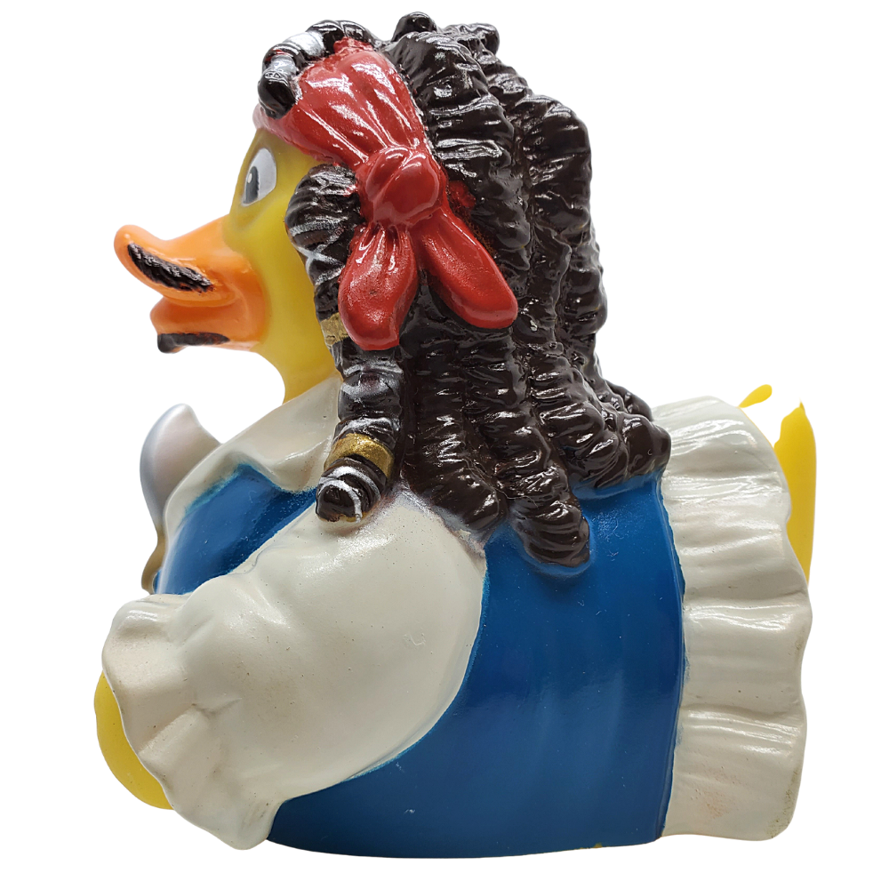 Toy duck with zebra on its back on a white background