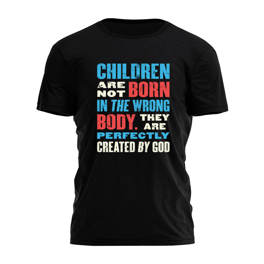 Black t-shirt with colorful text on a white background