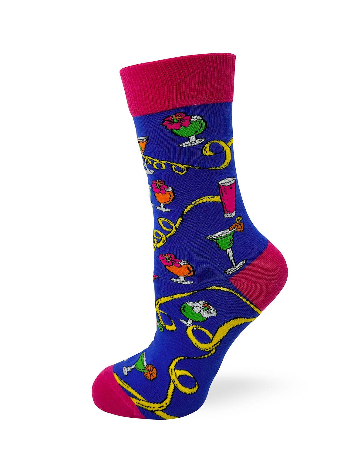 Colorful sock with cocktail-themed design on a white background