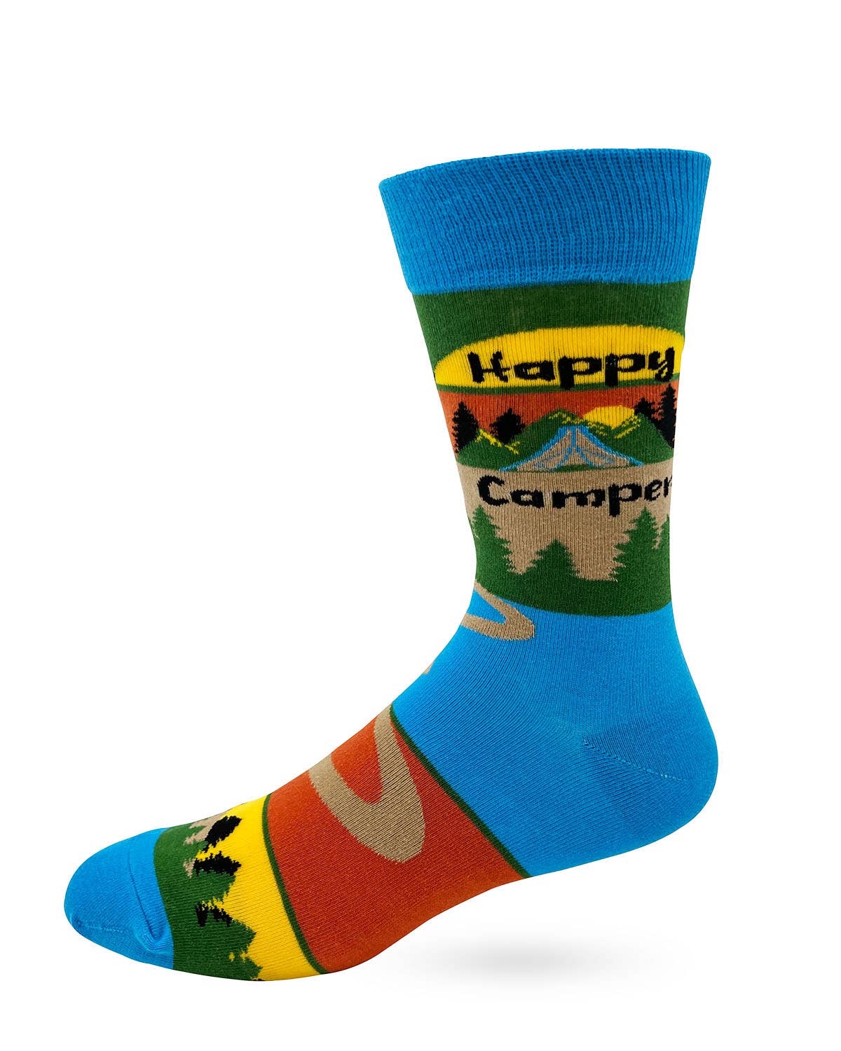 Colorful sock with camping design and 'Happy Camper' text on a white background