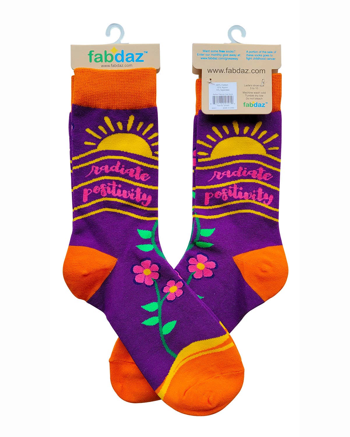 Pair of colorful socks with sun and flower designs on a white background