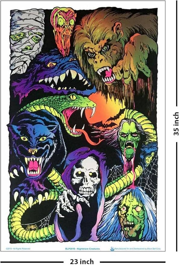 Colorful illustration of various monsters on a black background with dimensions indicated.