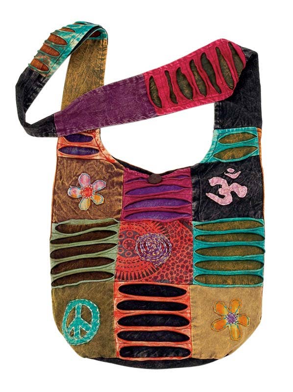 Colorful handbag with patterns and designs on a white background