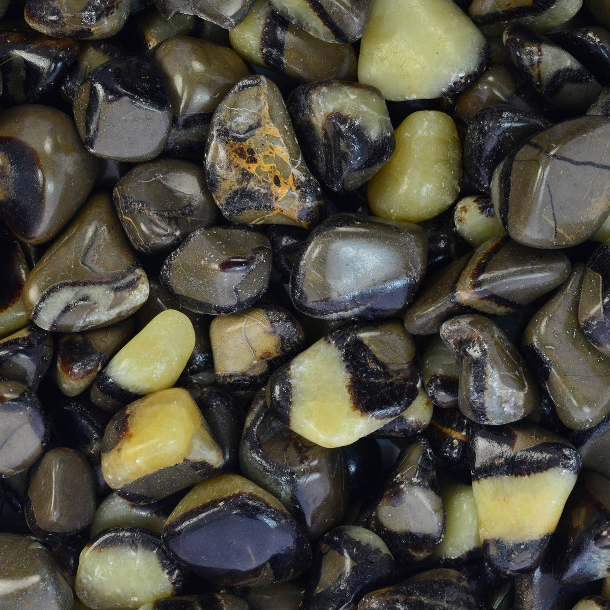 Close-up of various polished stones with different colors and patterns.