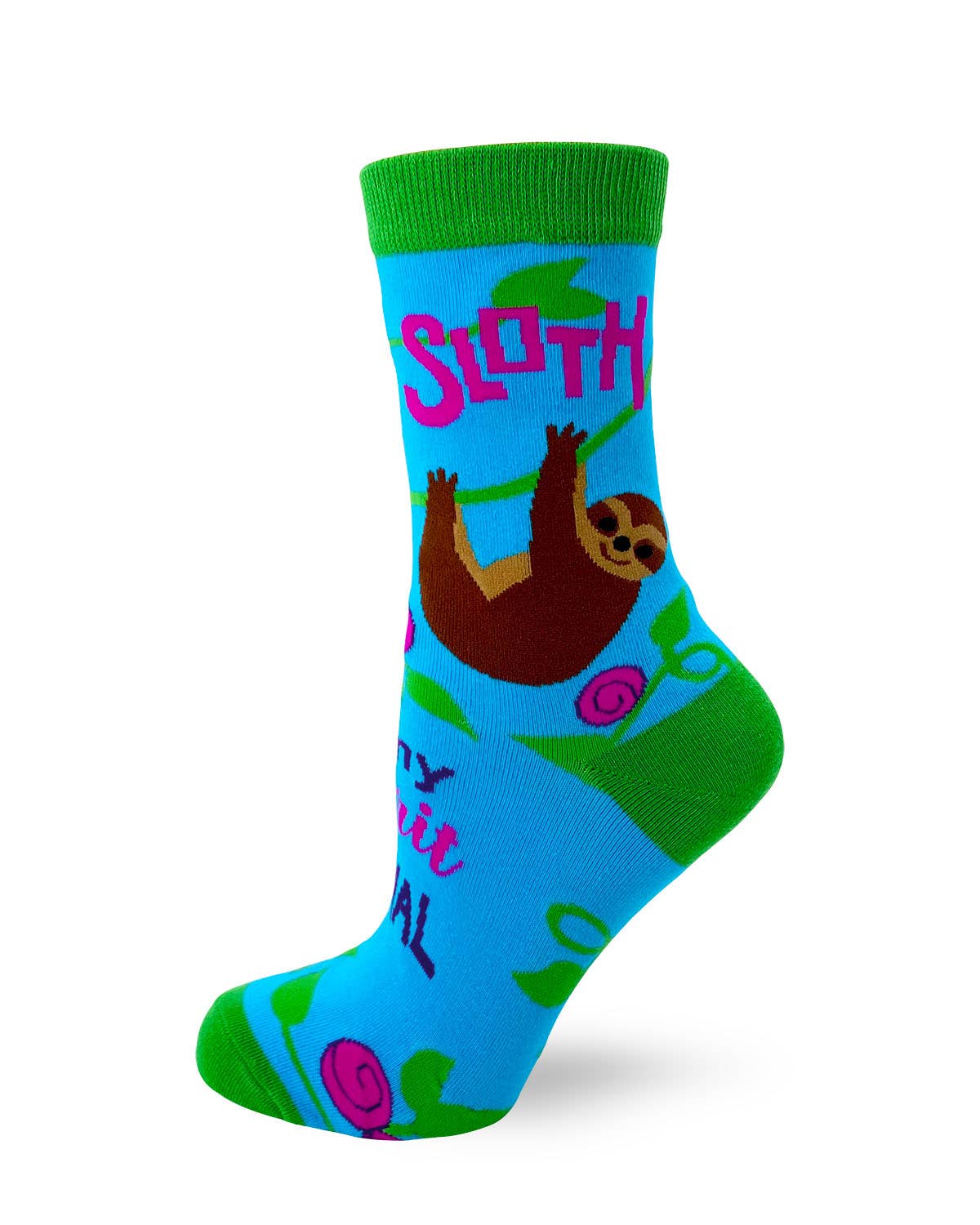 Colorful sock with a sloth design on a white background