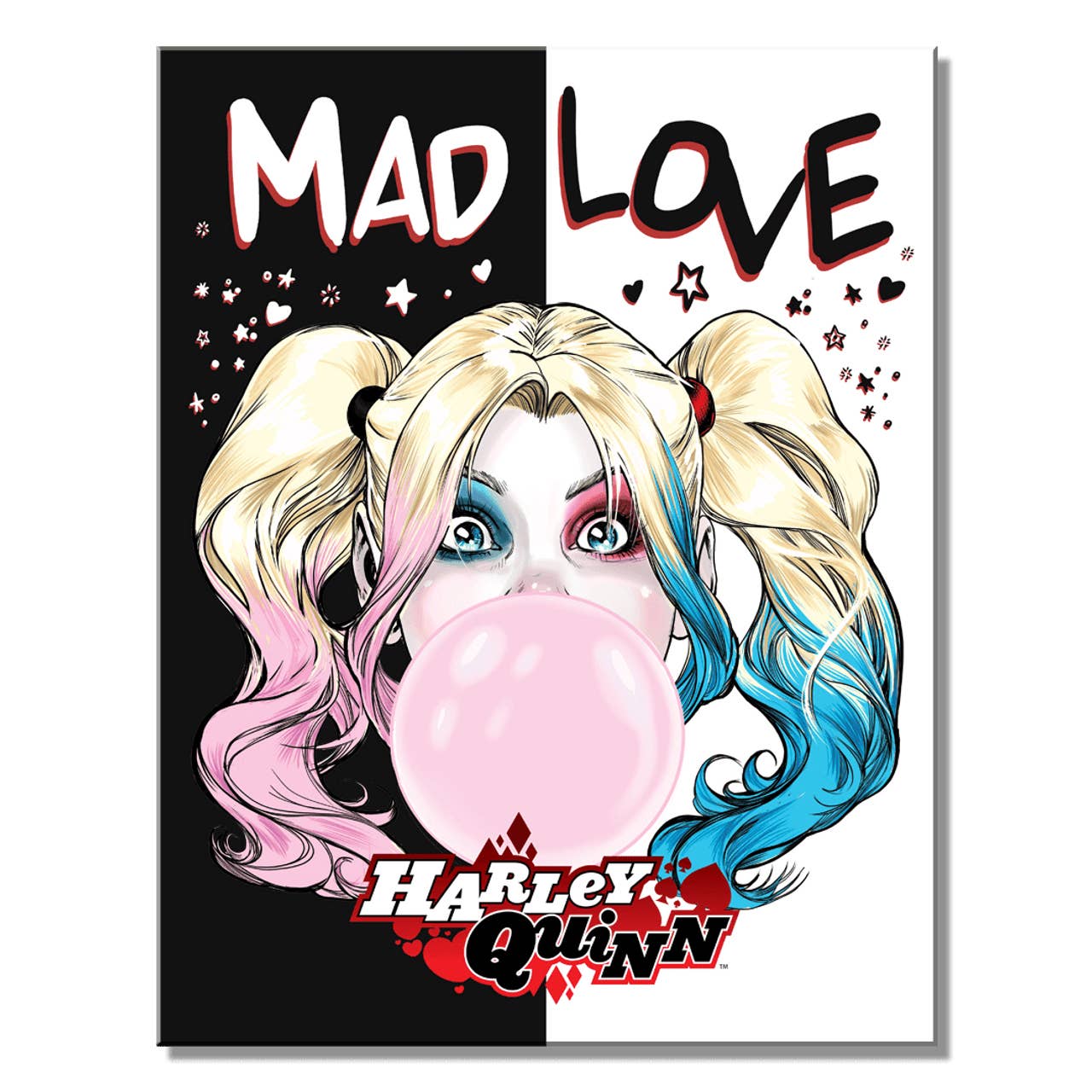 Harley Quinn with colorful hair and bubble gum, with 'Mad Love' text on a black and white background.
