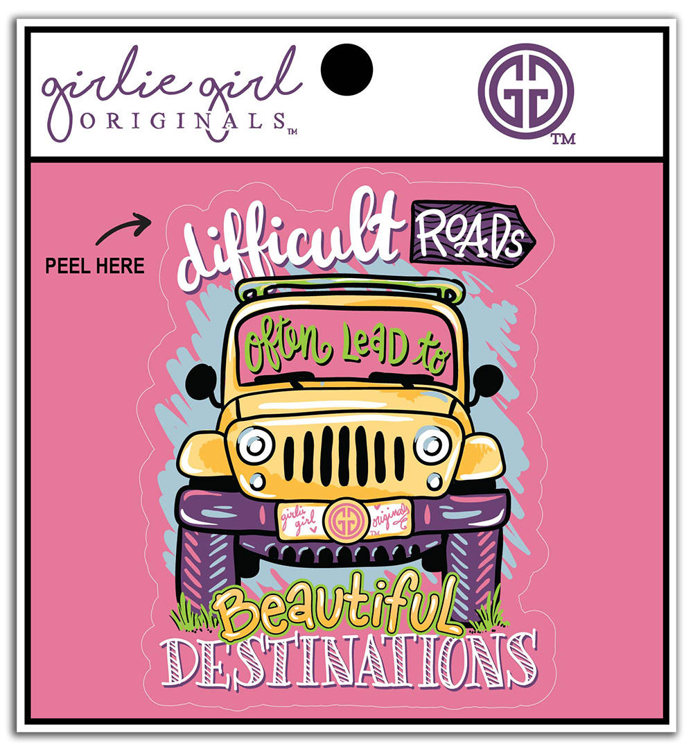 Sticker with a yellow jeep graphic and text on a pink background, featuring 'Girlie Girl Originals' branding.