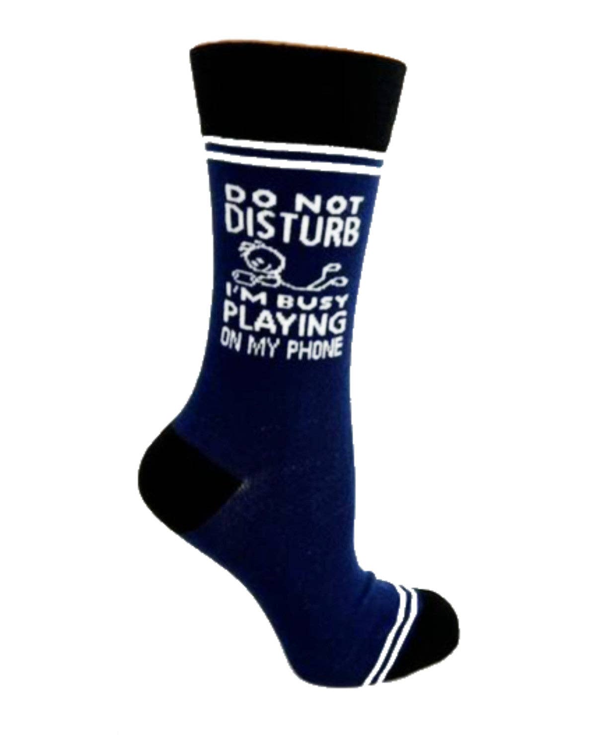 Navy blue sock with white text and black accents on a white background