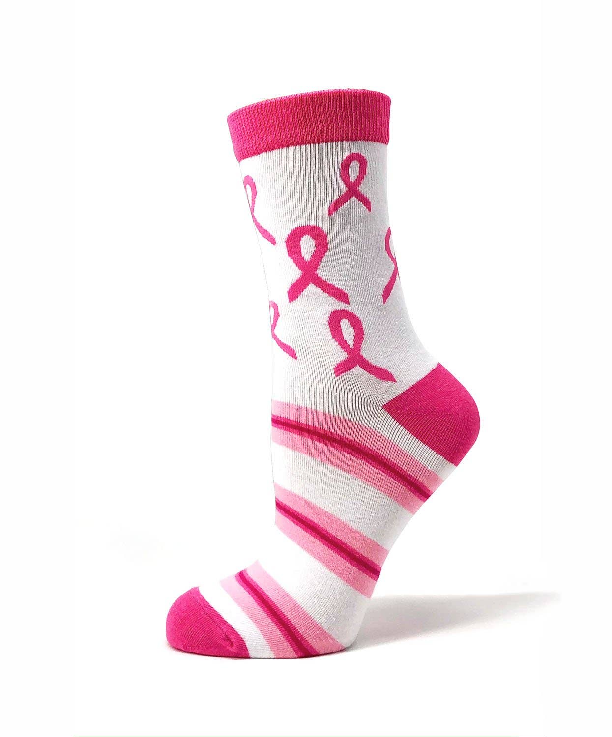 White sock with pink ribbons and stripes on a white background