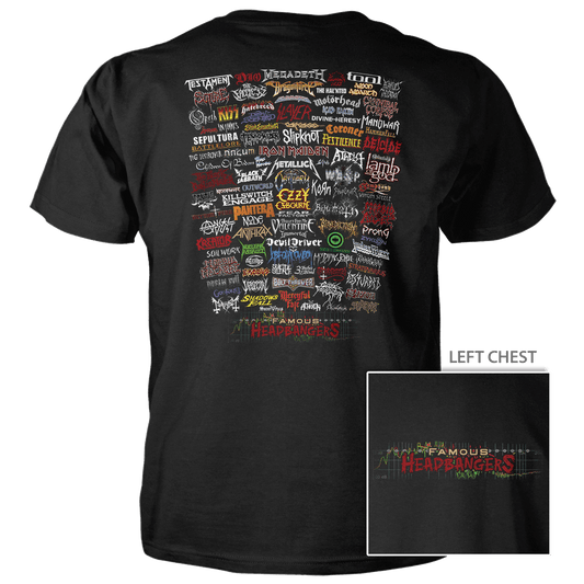 Black t-shirt with graphic design of band names on a white background