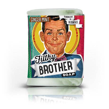 Bar of soap with a colorful label featuring a vintage-style illustration of a man and text.