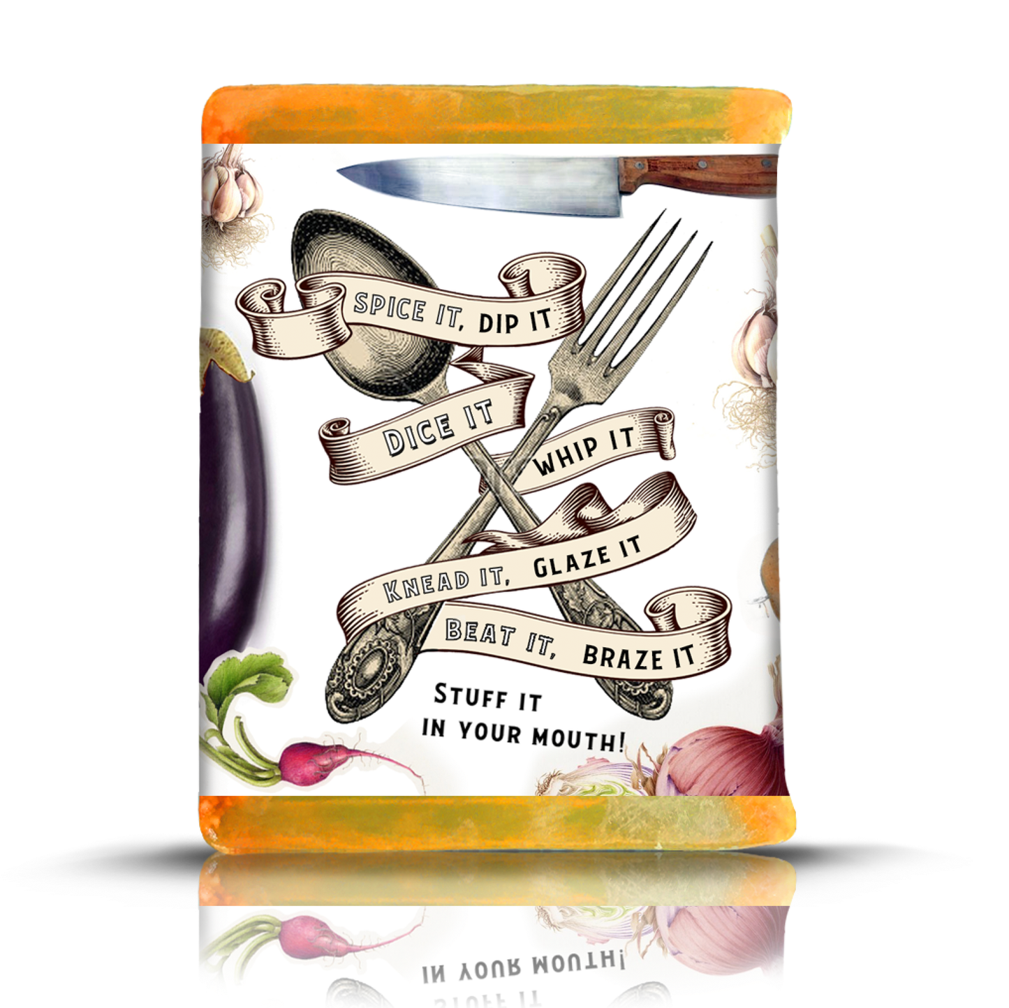 Decorative kitchen towel with vintage-style text and illustrations on a white background