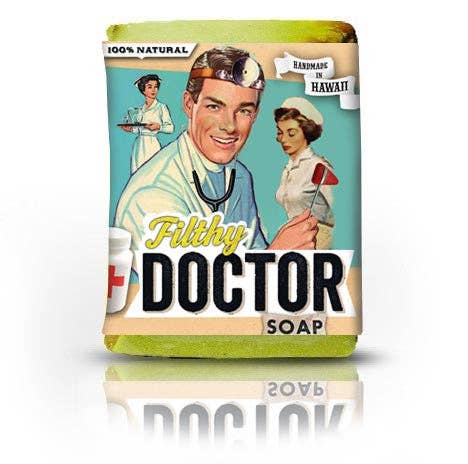 Soap bar with a vintage-style packaging featuring a doctor and nurses, labeled 'Filthy Doctor Soap'.