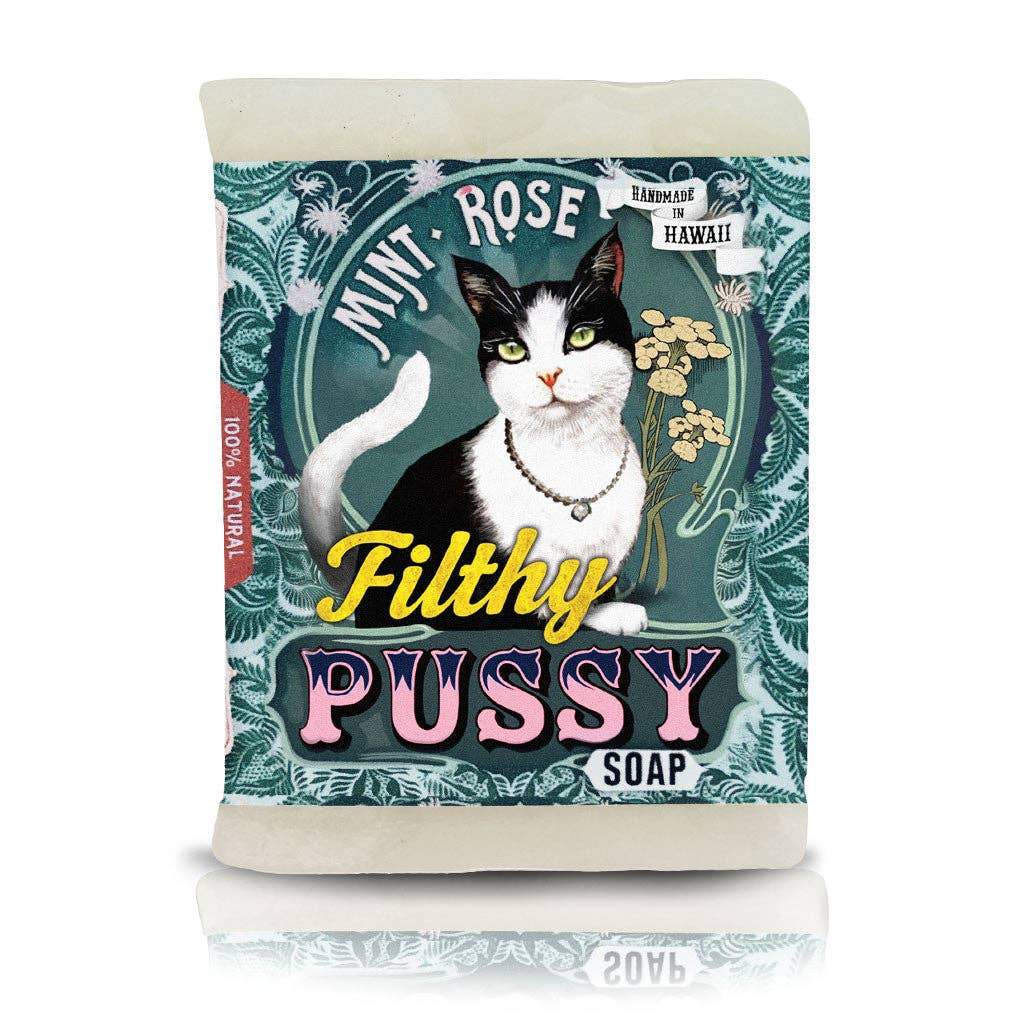 Soap bar with a cat illustration and text on the packaging