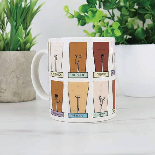 Mug with cartoon illustrations of body parts on a white surface with plants in the background