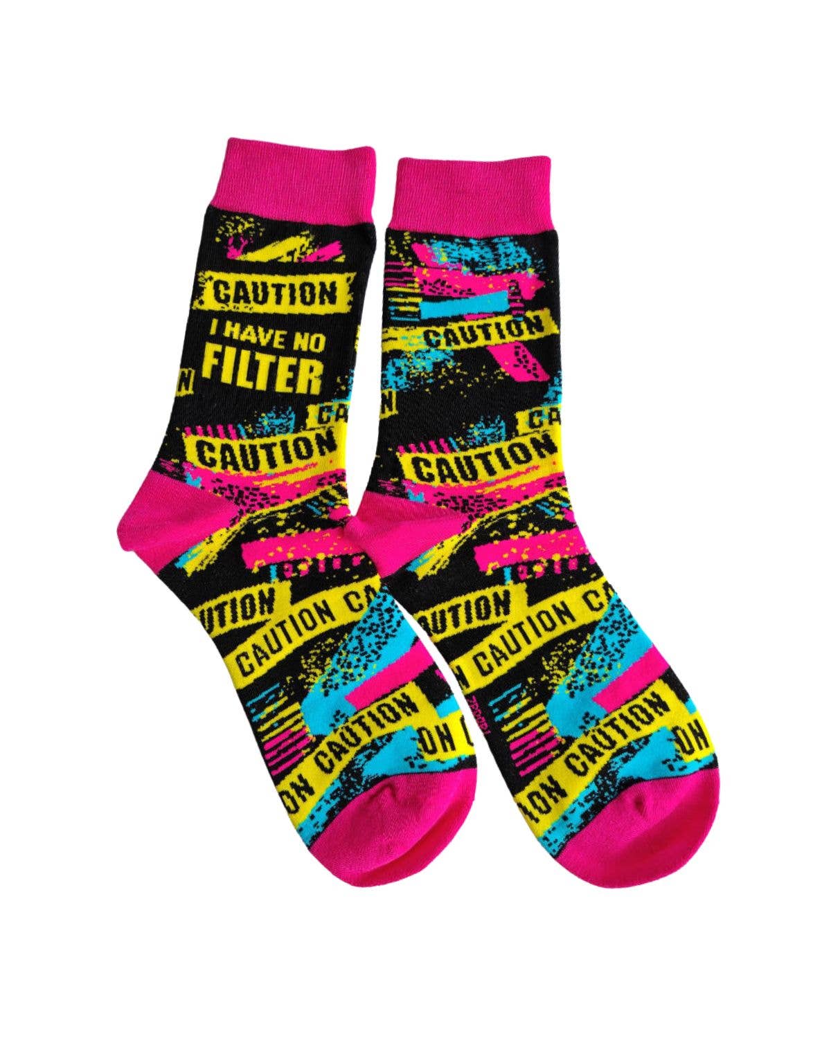 Colorful socks with 'Caution' and text design on a white background