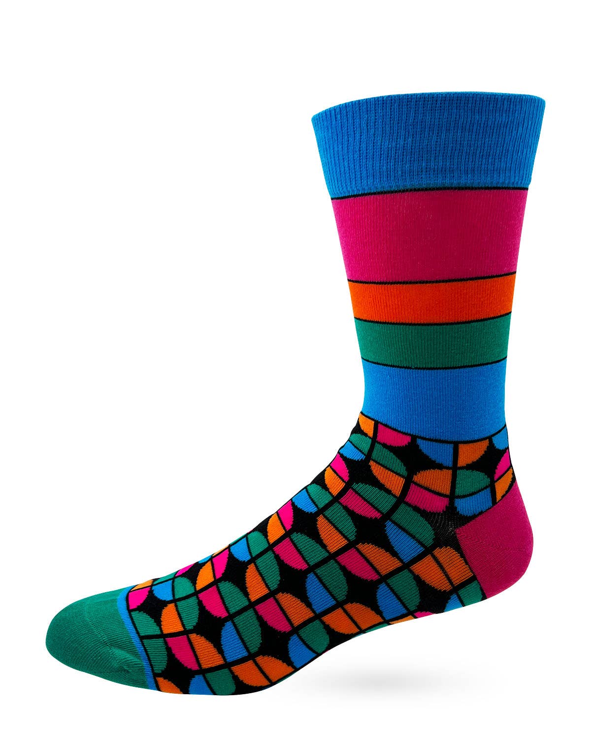 Colorful sock with geometric pattern on a white background