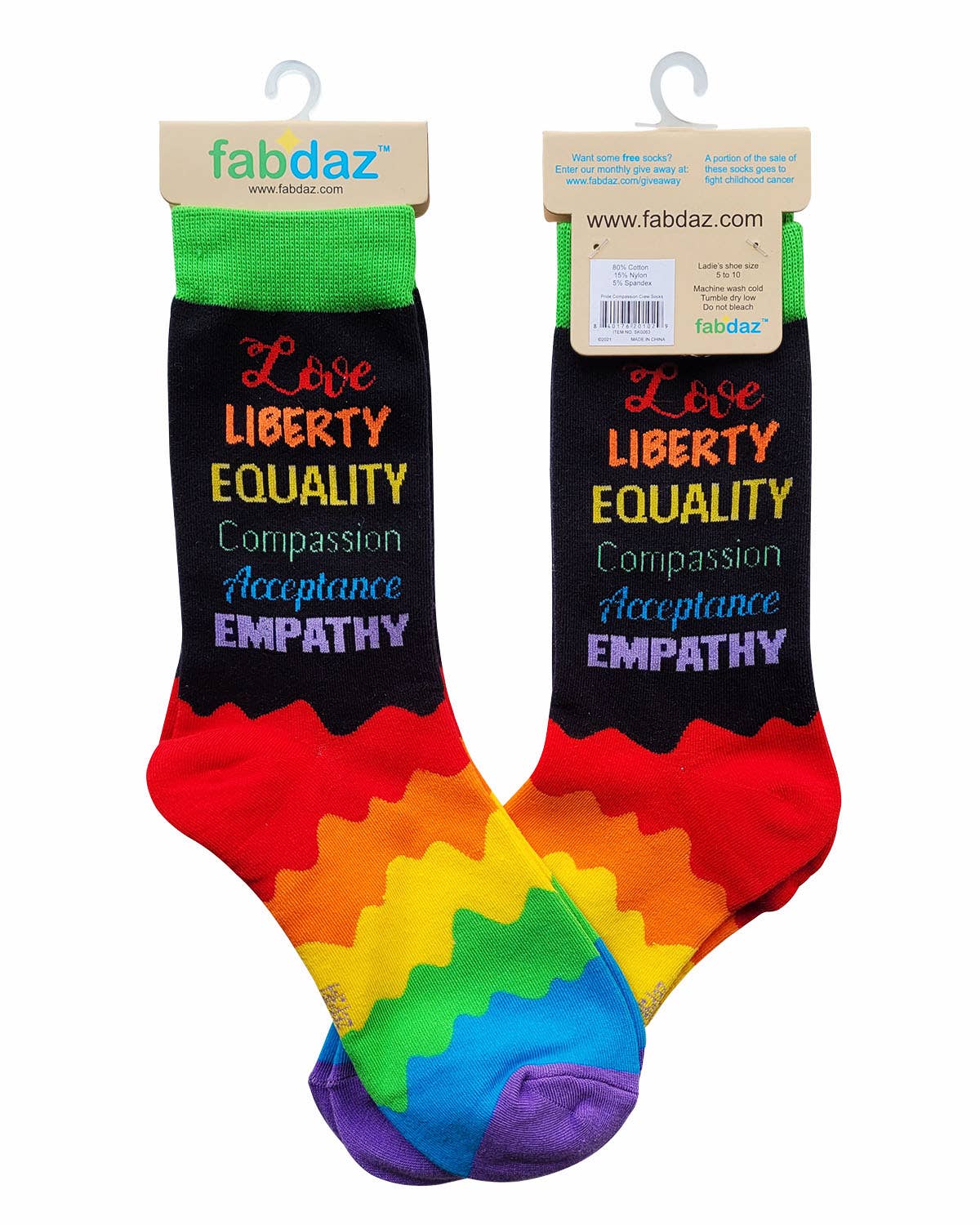 Colorful socks with motivational text on a white background, featuring the brand 'fabdaz'.