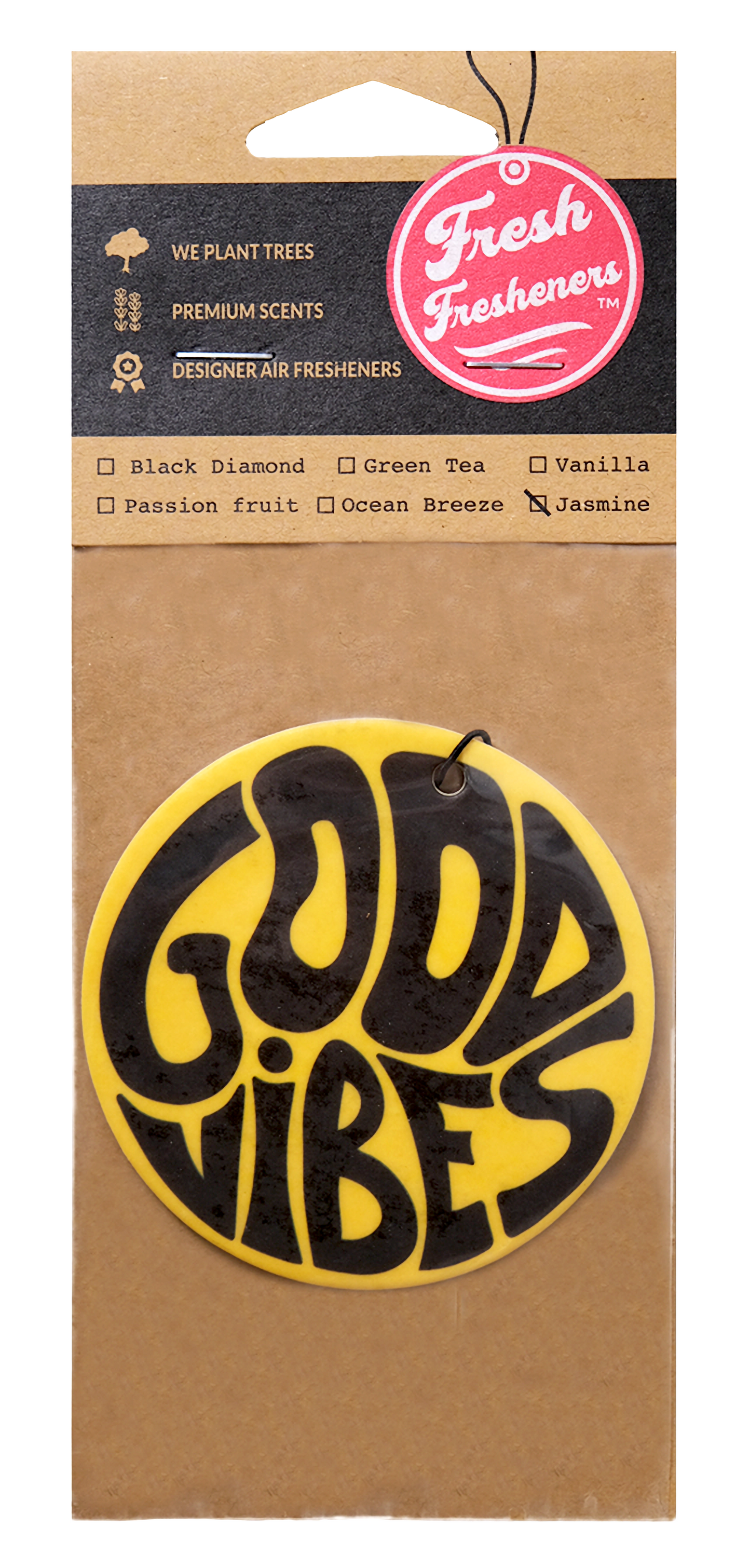 Air freshener packaging with 'Gud Vibes' design on a brown background