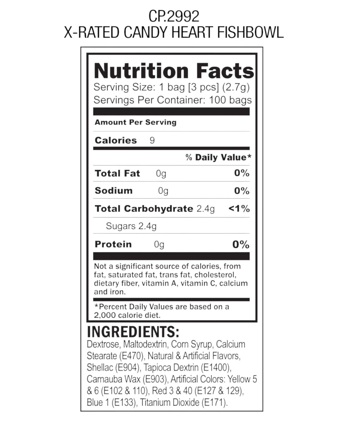 Nutrition facts label for a candy product with ingredients listed below.