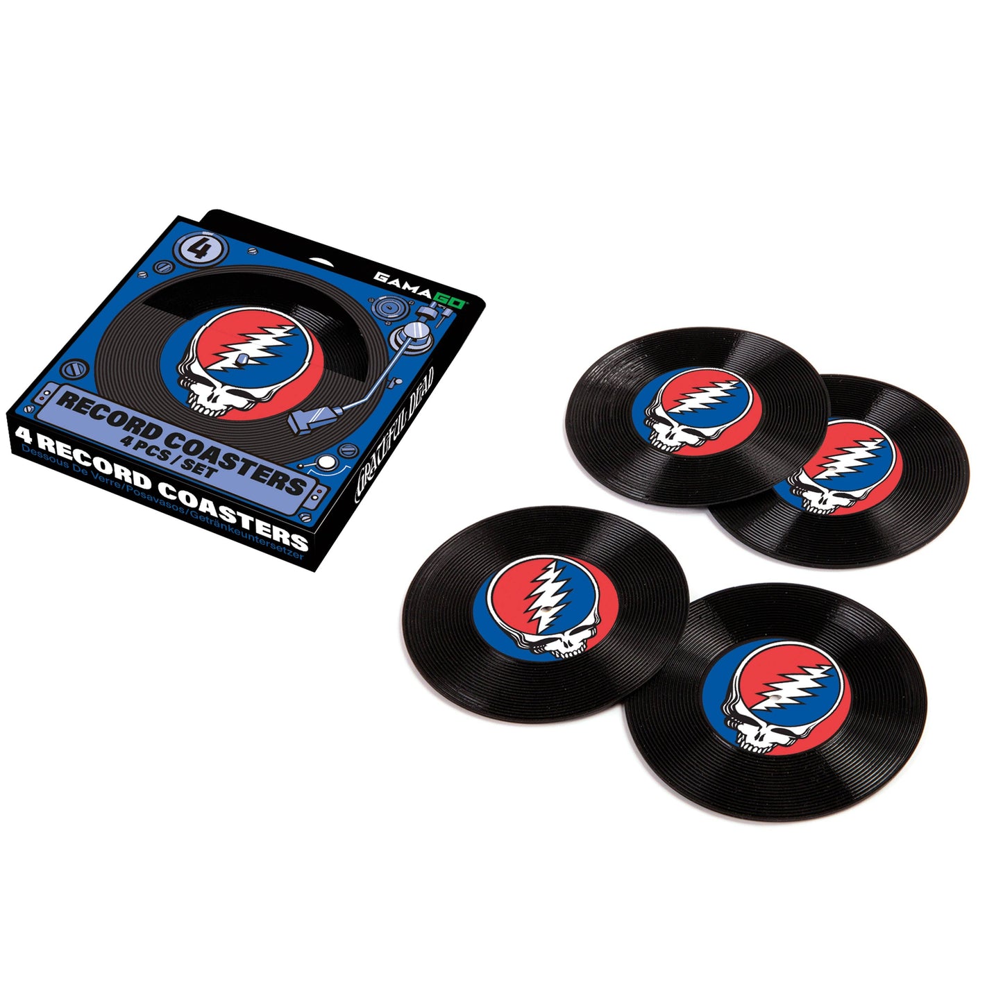 Set of record coasters with Grateful Dead logo and packaging on a white background