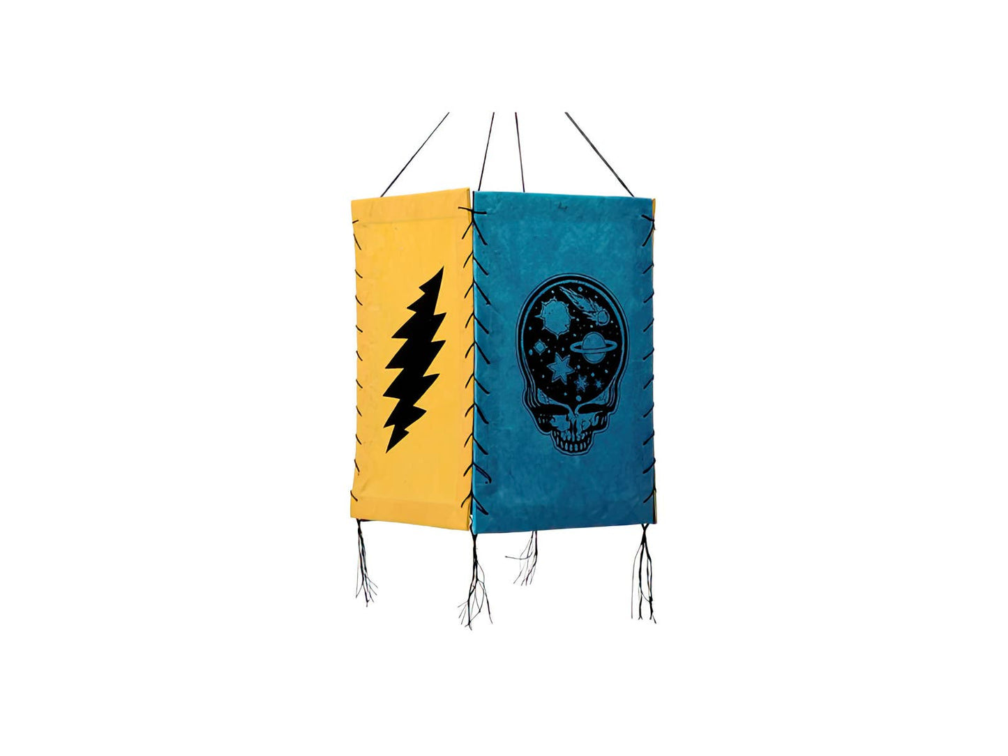 Two colorful fabric banners with symbols on a white background