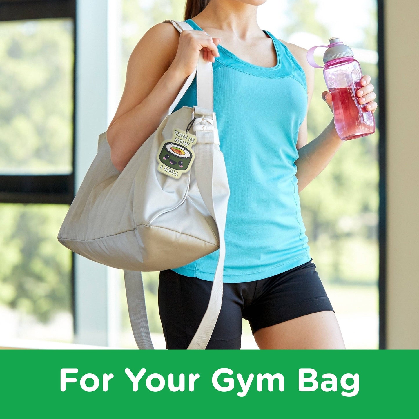 Woman holding a gym bag and water bottle with text 'For Your Gym Bag' at the bottom.