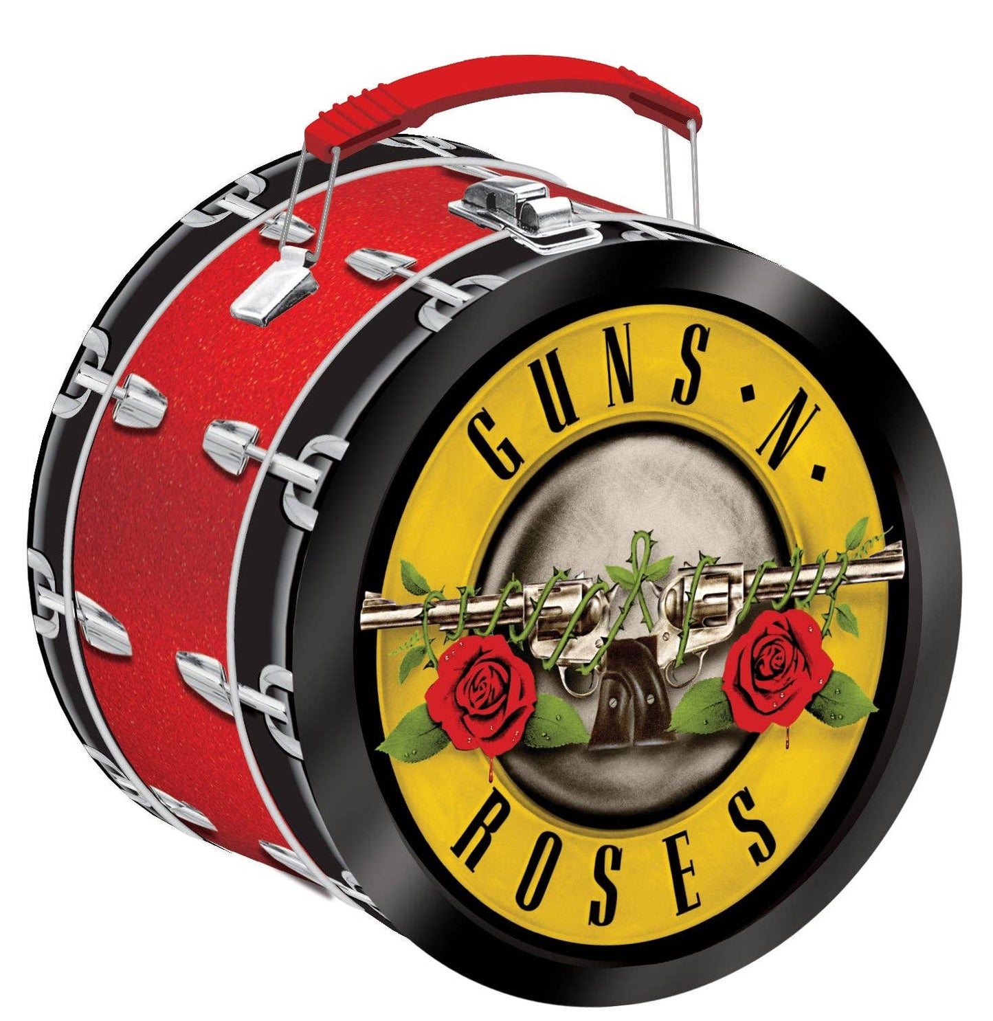 Guns N' Roses drum-shaped lunch box with red, black, and yellow design.