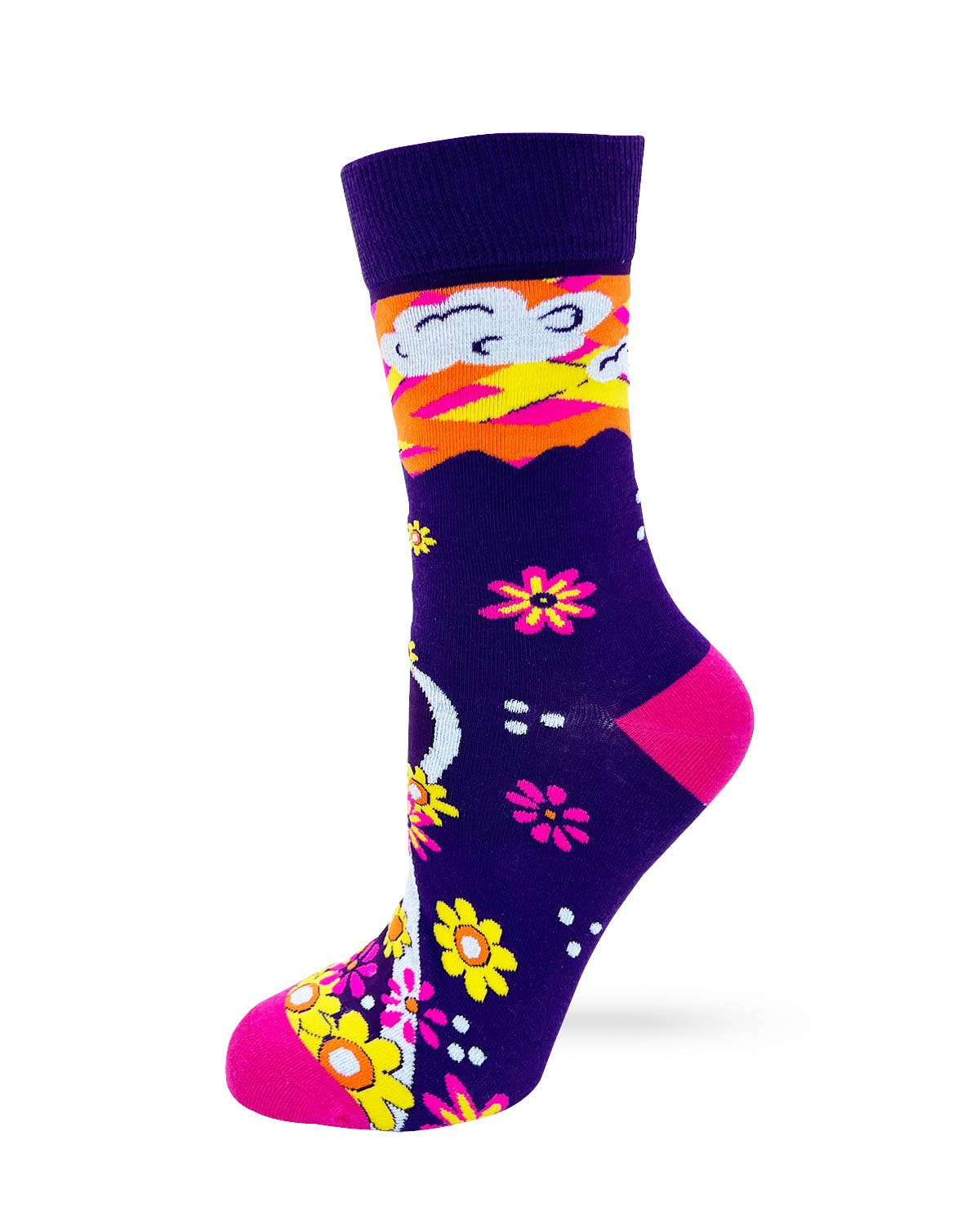 Colorful sock with cartoon character and floral design on a white background