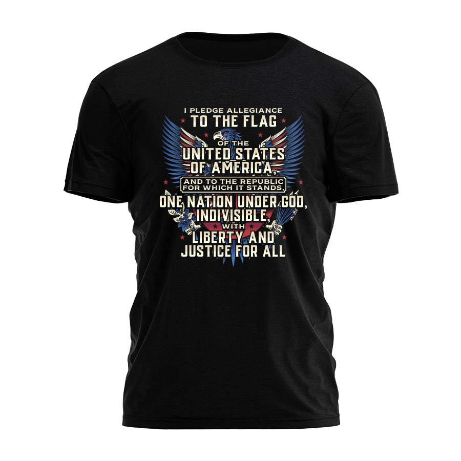 Black t-shirt with U.S. Pledge of Allegiance design on a white background