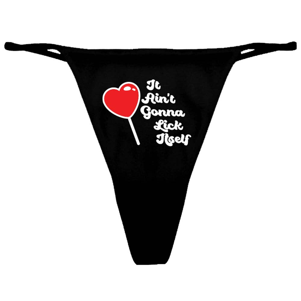 Black thong with red heart and white text on a white background